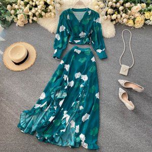 Women's V Neck Long Sleeve Chiffon Printed Dress